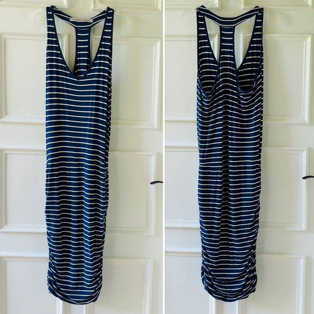 Athleta Striped Racerback Dress Size Small Navy Blue White Ruched Stretch Knit - Picture 11 of 12